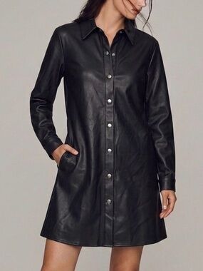 12 Thompson Black Faux Leather Shirtdress Size Small Vegan Snap Button Dress